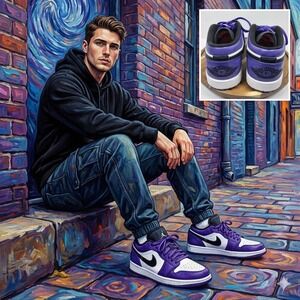 Jordan 1 Low Court Purple White Black 553558-500 Men's Size 10 Sneakers Shoes